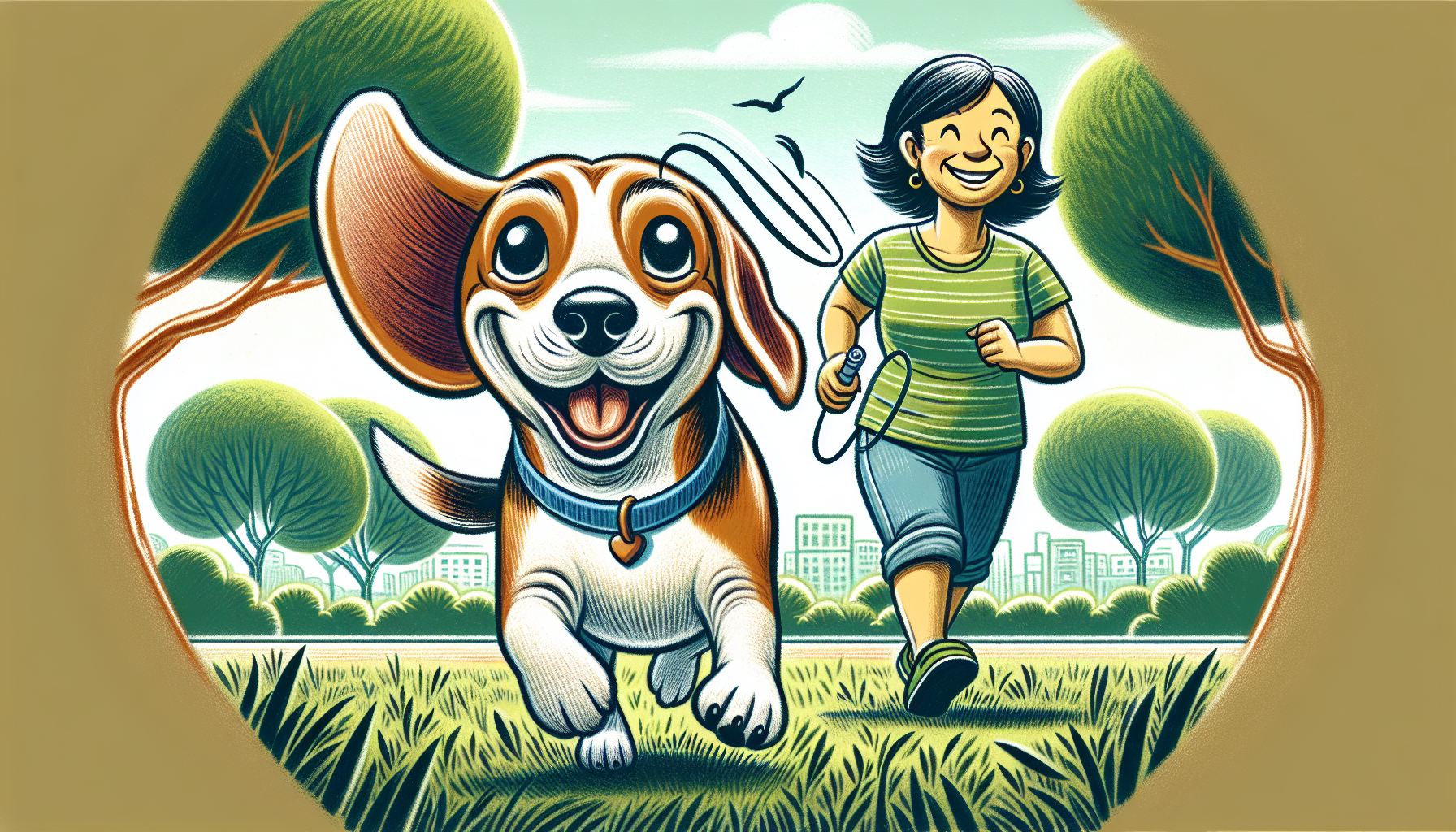 beagle on a walk with its owner