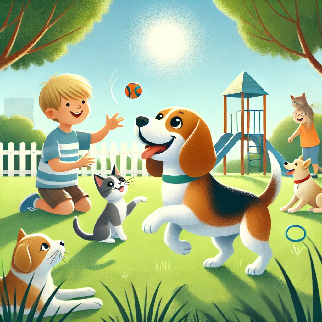 Beagle playing with a kid