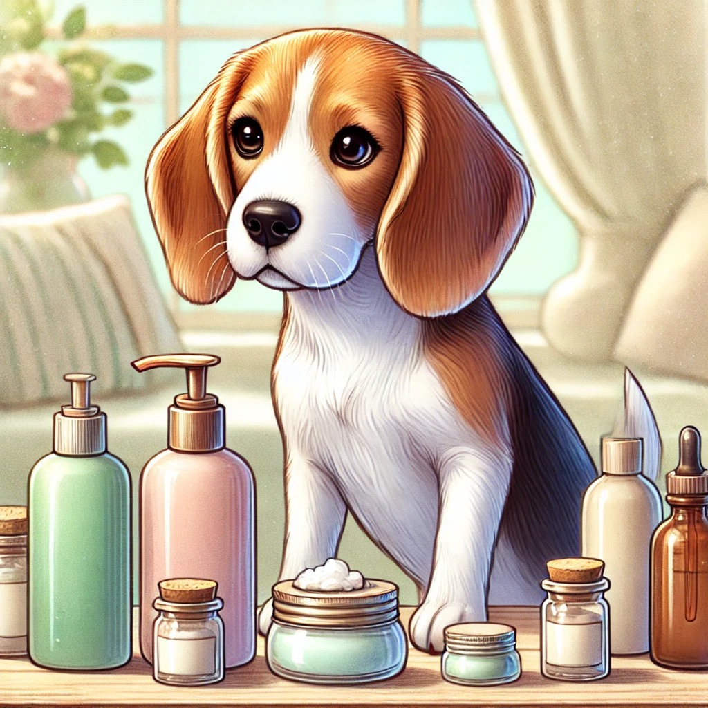 beagle with skincare products