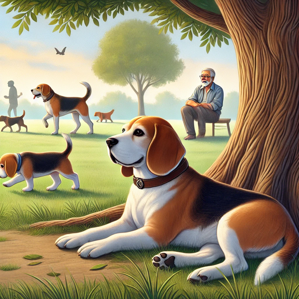 adult beagle relaxing under a tree