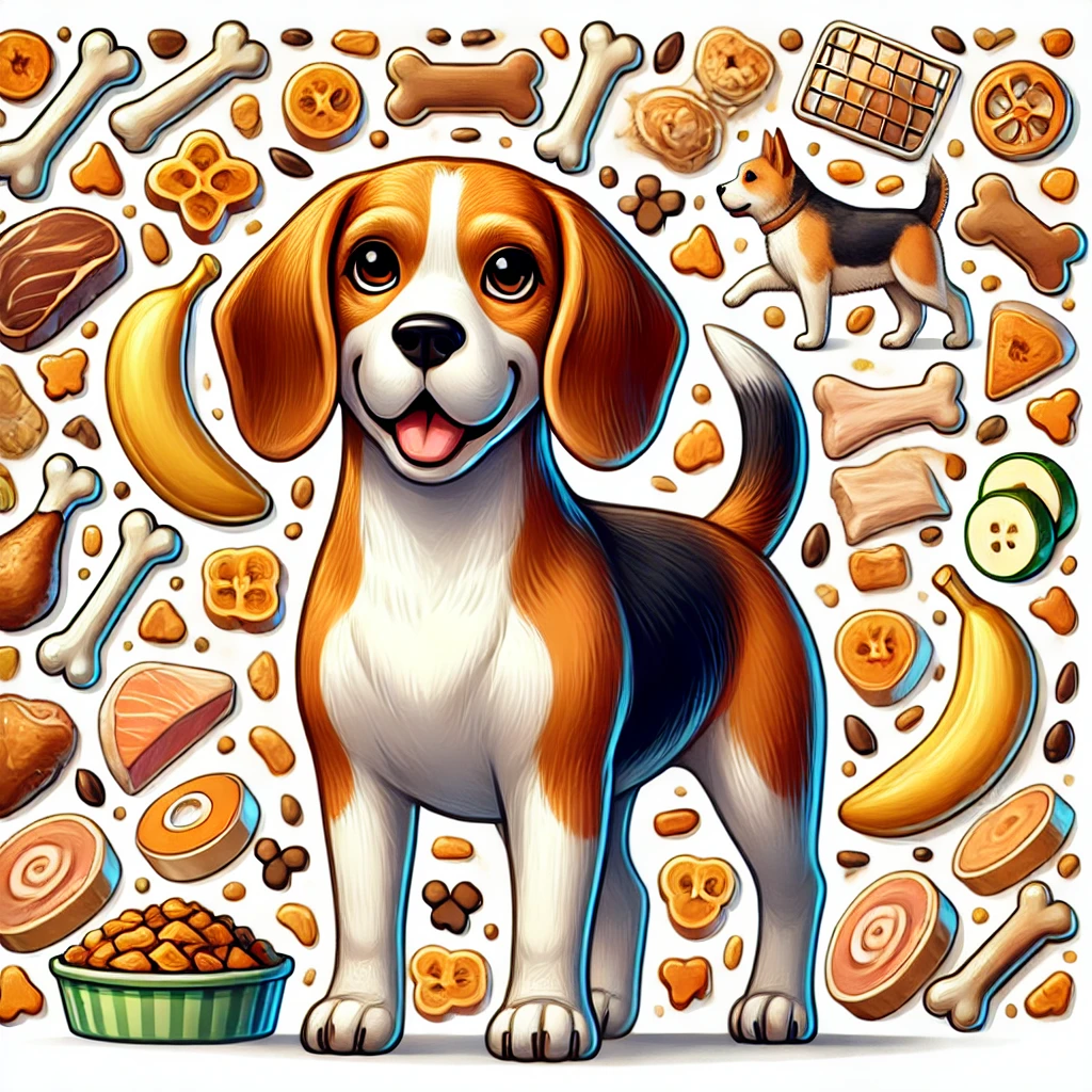 Beagle with diverse treats