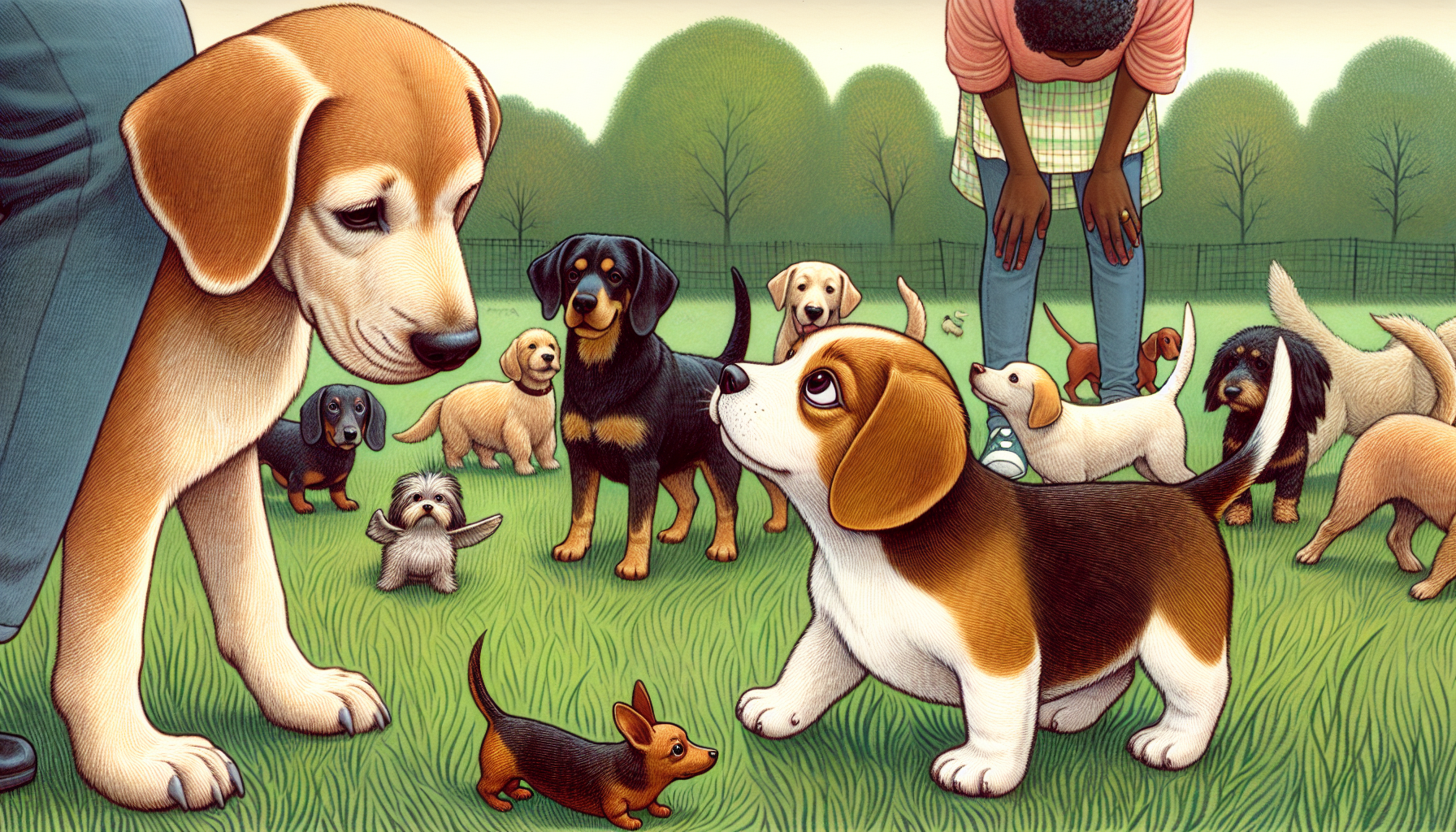 beagle socializing with other dogs