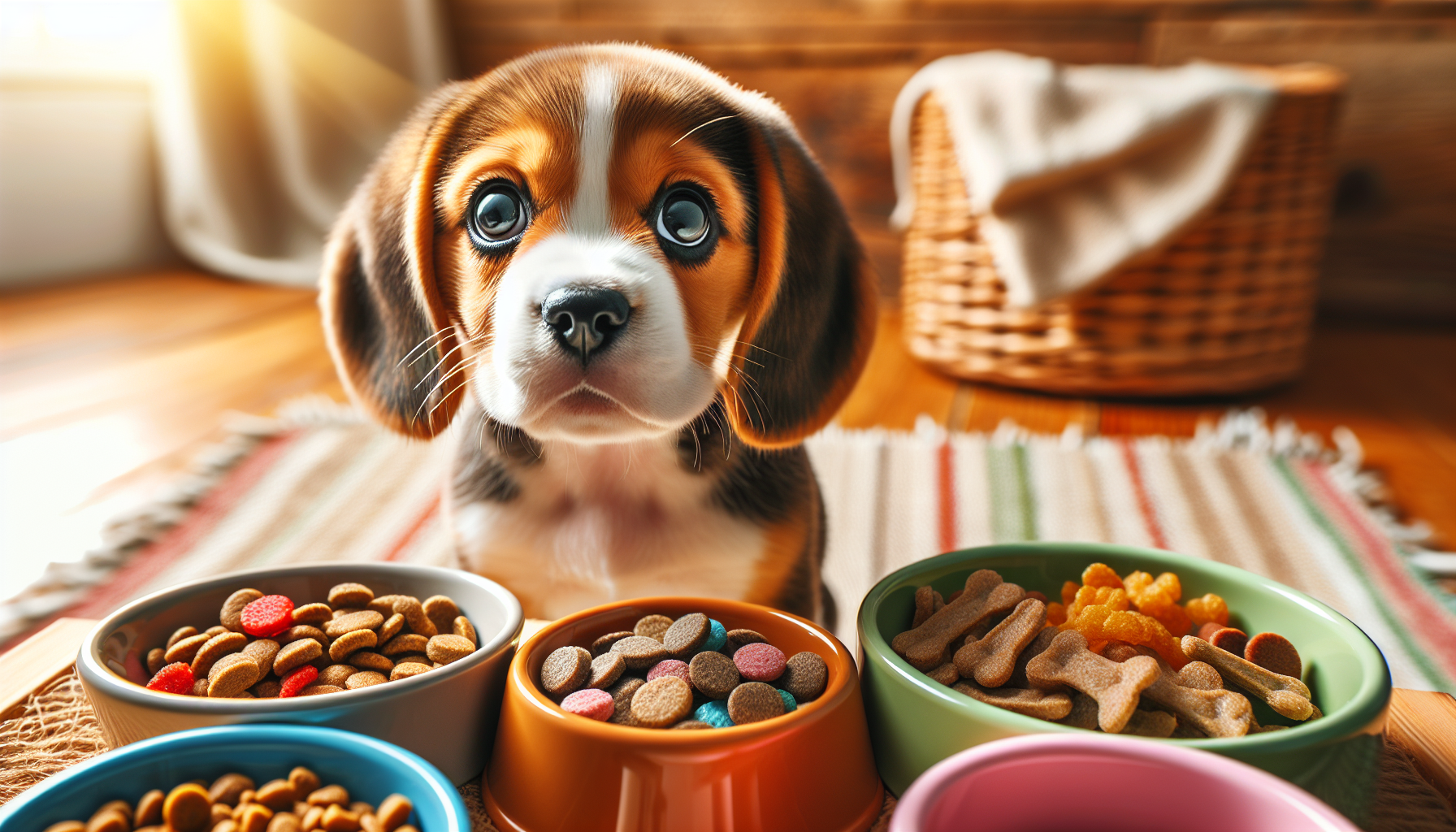 beagle puppy with various food options, highlighting special dietary considerations.